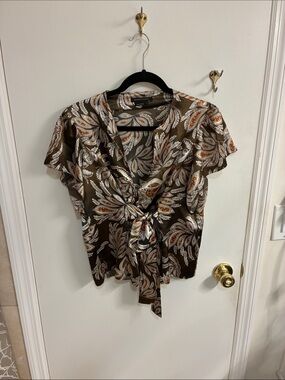 BCBGMaxAzria Brown Paisley Tie-Front Blouse with Cream and Orange Accents Sz L